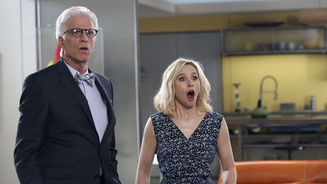 THE GOOD PLACE -- "Michael's Gambit" Episode 113 -- Pictured: (l-r) Ted Danson as Michael, Kristen Bell as Eleanor Shellstrop -- (Photo by: Vivian Zink/NBC)